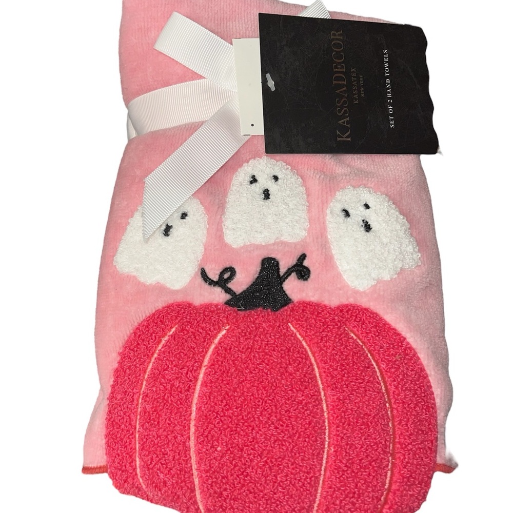 KASSADECOR Ghost Pumpkin Pastel Pink Bath Hand Towels Set Halloween Decor New